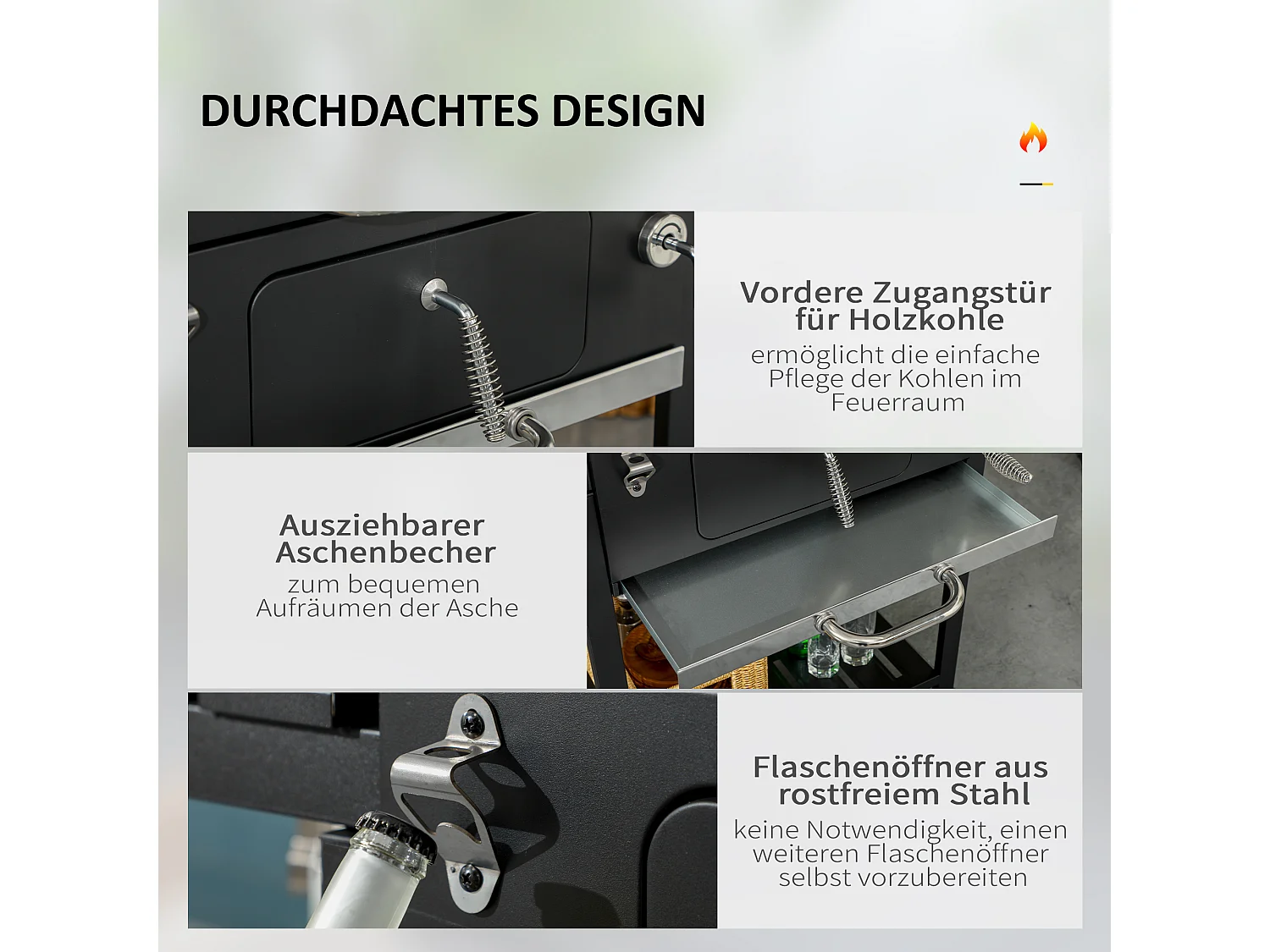 Grill à charbon de bois avec deux grilles, tables latérales rabattables, acier inoxydable, noir (120x64x114 cm)