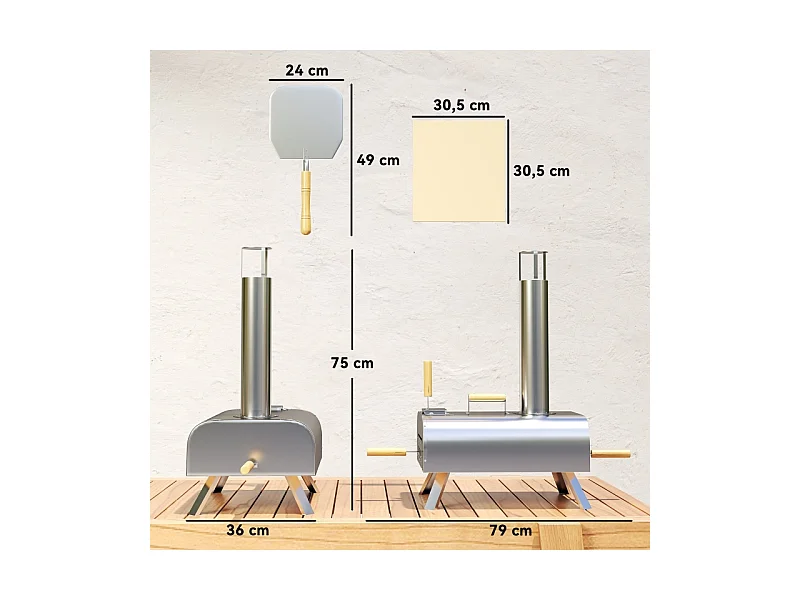 Four à pizza extérieur en inox, bois, avec pierre de cuisson, porte, pliable, 79x36x75 cm