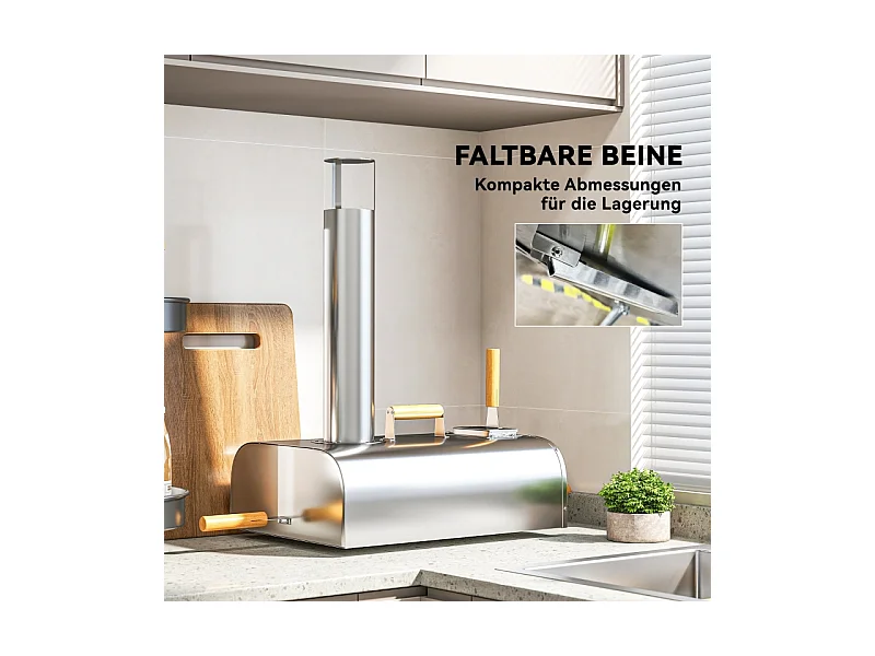 Four à pizza extérieur en inox, bois, avec pierre de cuisson, porte, pliable, 79x36x75 cm