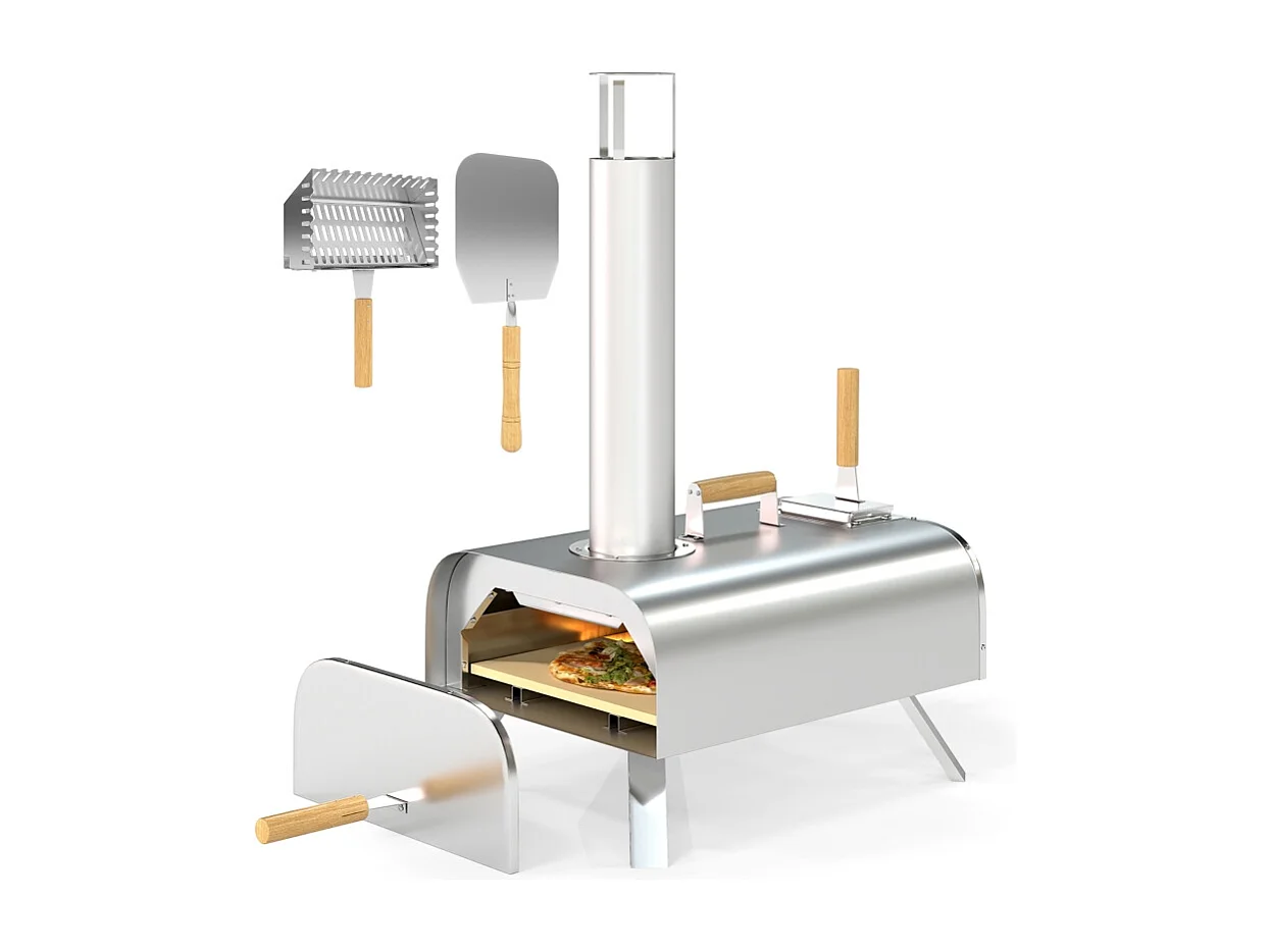 Four à pizza extérieur en inox, bois, avec pierre de cuisson, porte, pliable, 79x36x75 cm