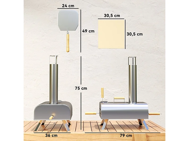 Forno per pizza da esterno in acciaio inox, a legna, con pietra refrattaria, sportello, pieghevole, 79x36x75 cm