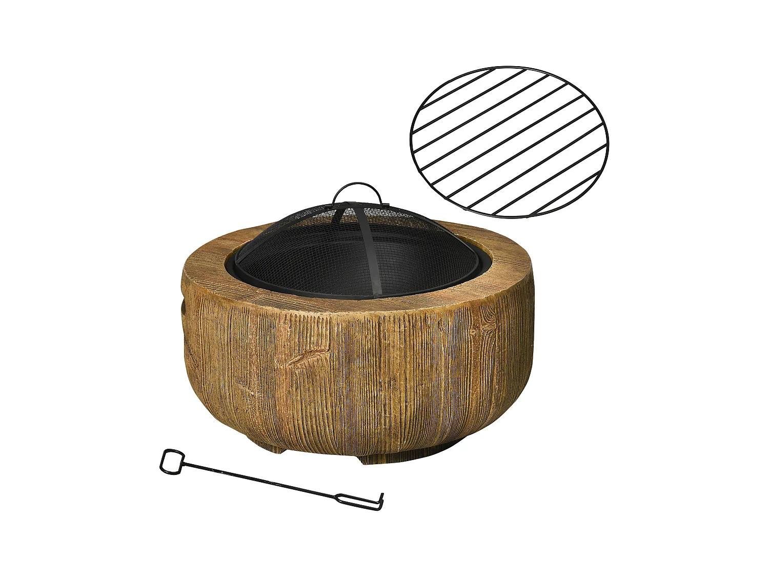 Feuerschale en métal, design tronc d'arbre, avec couvercle et crochet, pour jardin et terrasse, brun (61.5x61.5x39 cm)