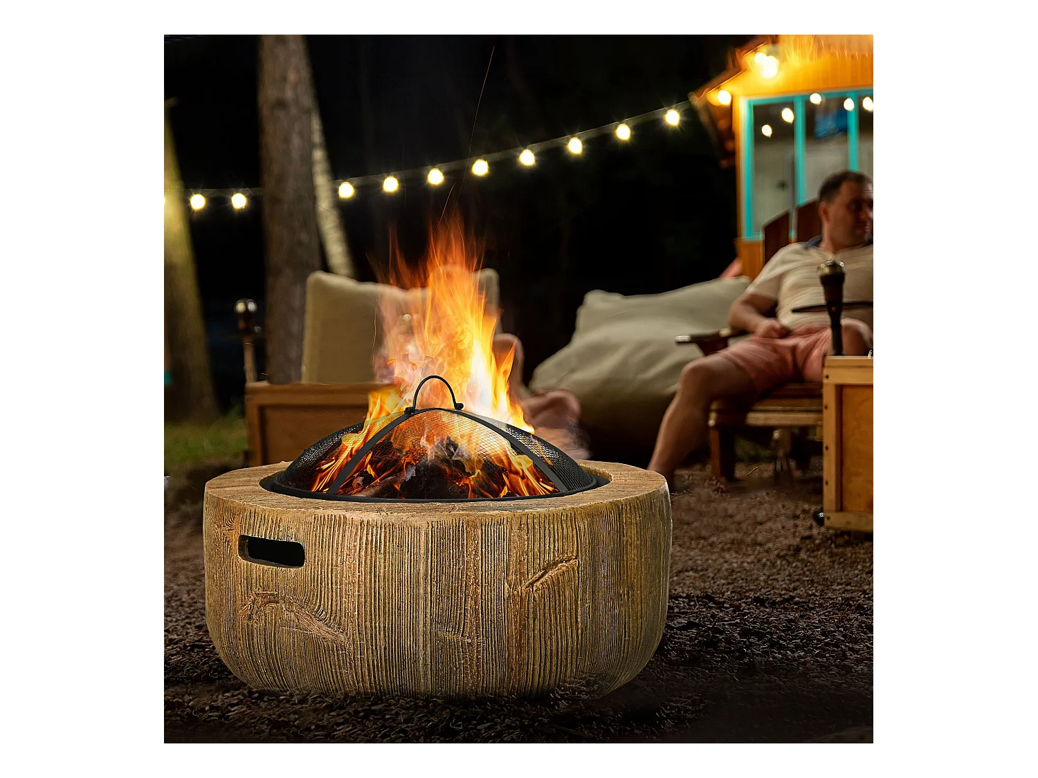 Feuerschale en métal, design tronc d'arbre, avec couvercle et crochet, pour jardin et terrasse, brun (61.5x61.5x39 cm)