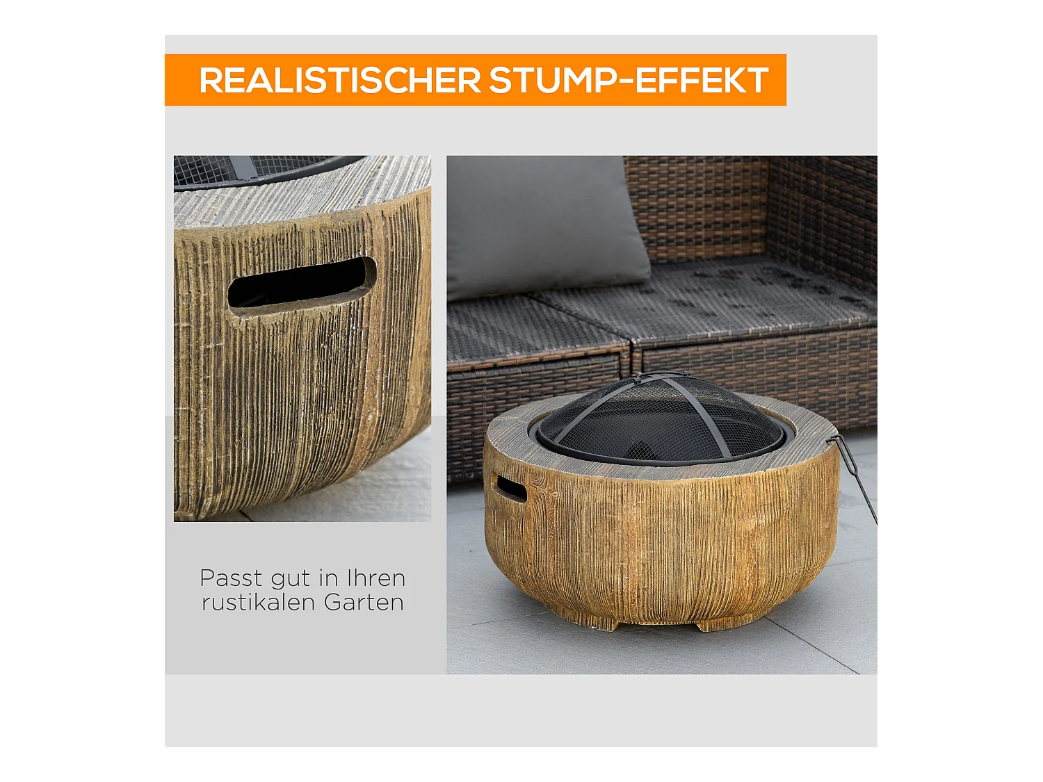 Feuerschale en métal, design tronc d'arbre, avec couvercle et crochet, pour jardin et terrasse, brun (61.5x61.5x39 cm)