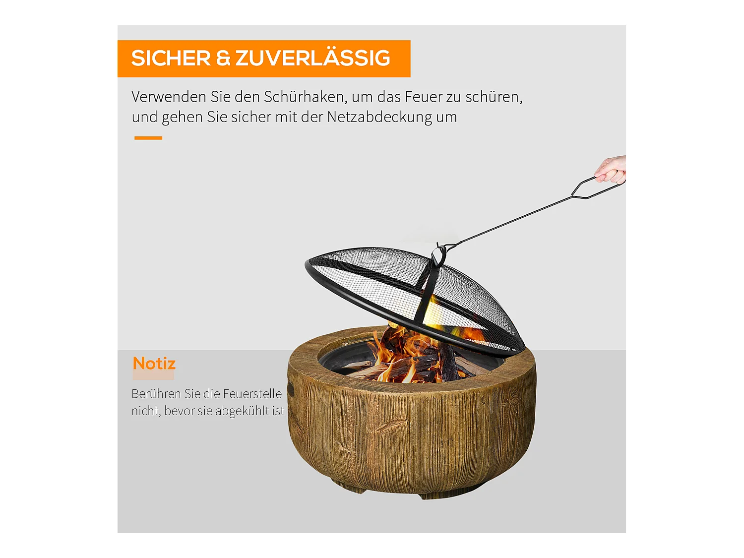 Feuerschale en métal, design tronc d'arbre, avec couvercle et crochet, pour jardin et terrasse, brun (61.5x61.5x39 cm)