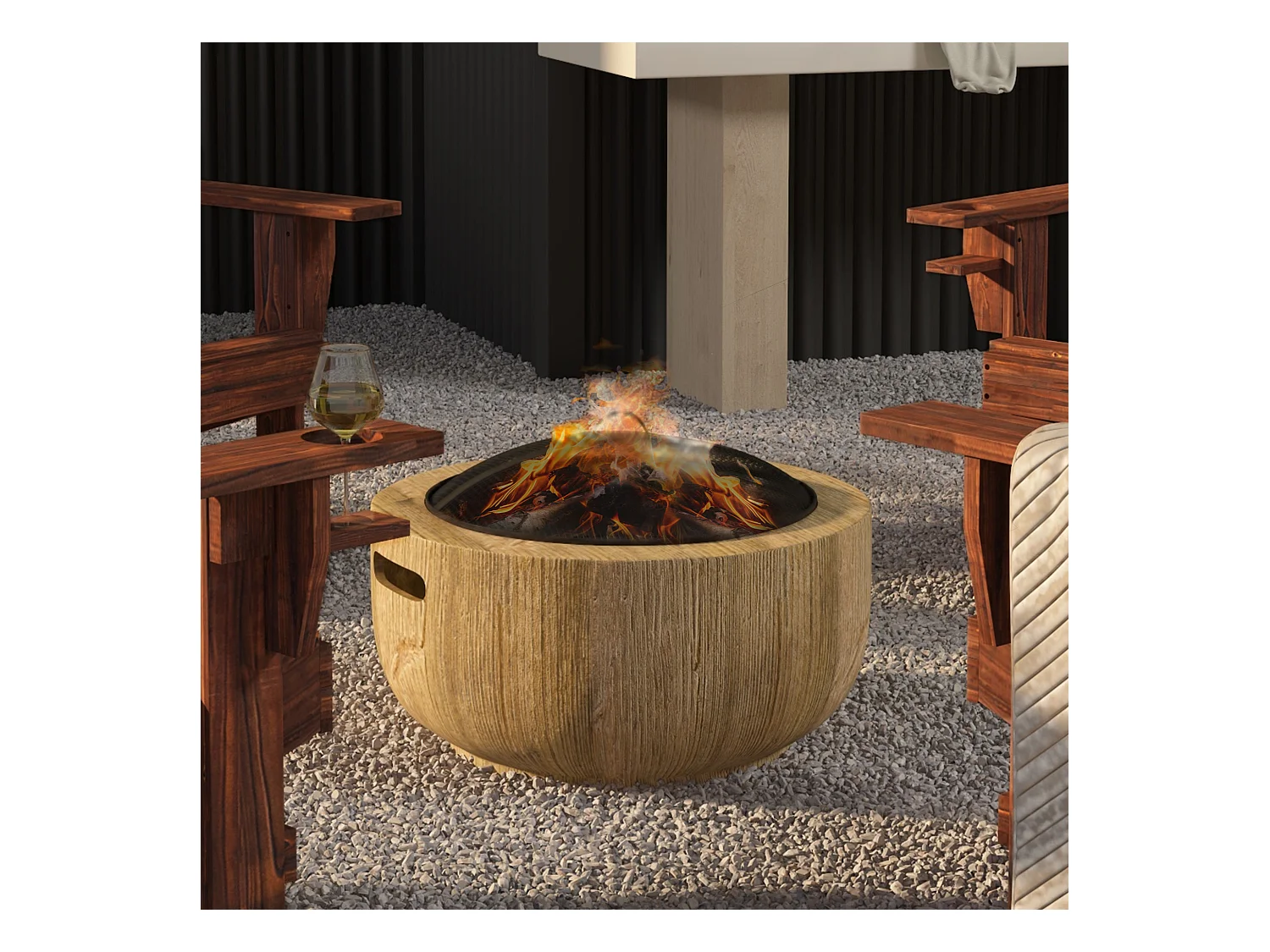 Feuerschale en métal, design tronc d'arbre, avec couvercle et crochet, pour jardin et terrasse, brun (61.5x61.5x39 cm)