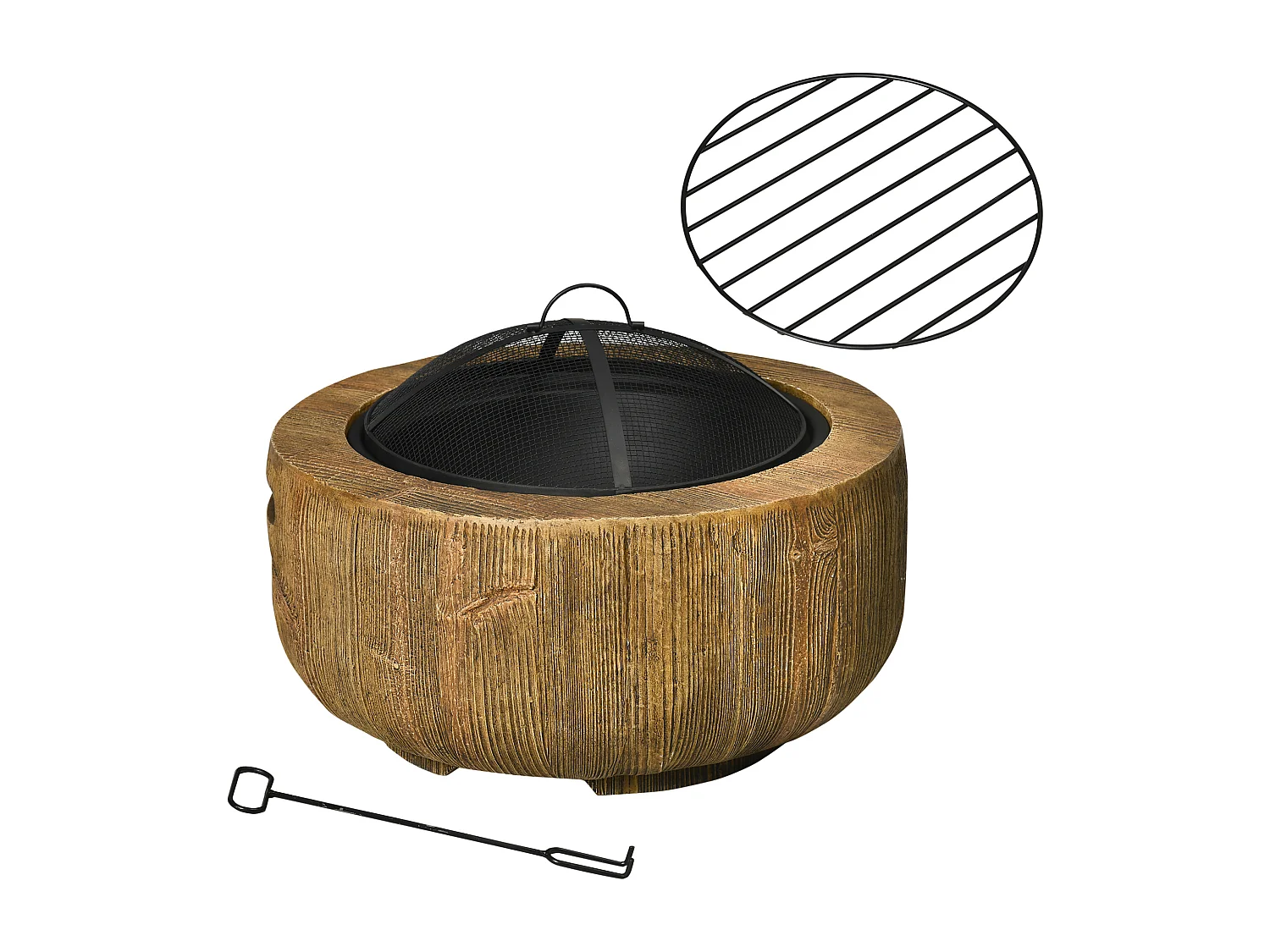 Braciere in metallo a forma di tronco d'albero, con coperchio e gancio, per giardino e terrazza, marrone (61,5x61,5x39 cm)