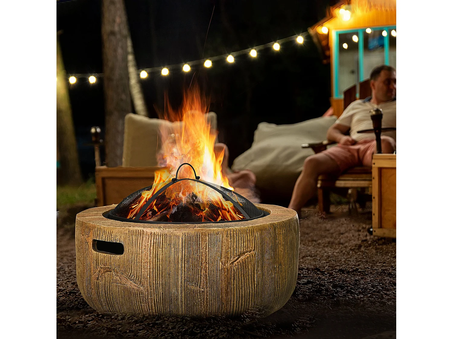 Braciere in metallo a forma di tronco d'albero, con coperchio e gancio, per giardino e terrazza, marrone (61,5x61,5x39 cm)