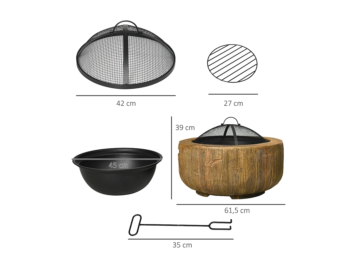 Braciere in metallo a forma di tronco d'albero, con coperchio e gancio, per giardino e terrazza, marrone (61,5x61,5x39 cm)