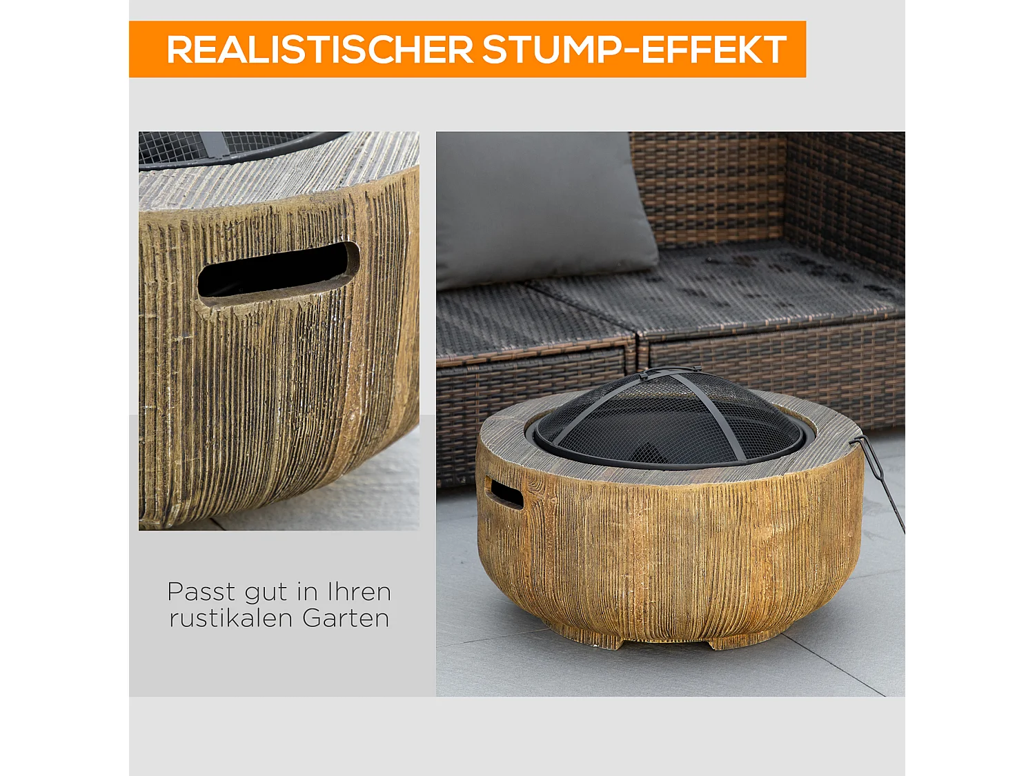 Braciere in metallo a forma di tronco d'albero, con coperchio e gancio, per giardino e terrazza, marrone (61,5x61,5x39 cm)