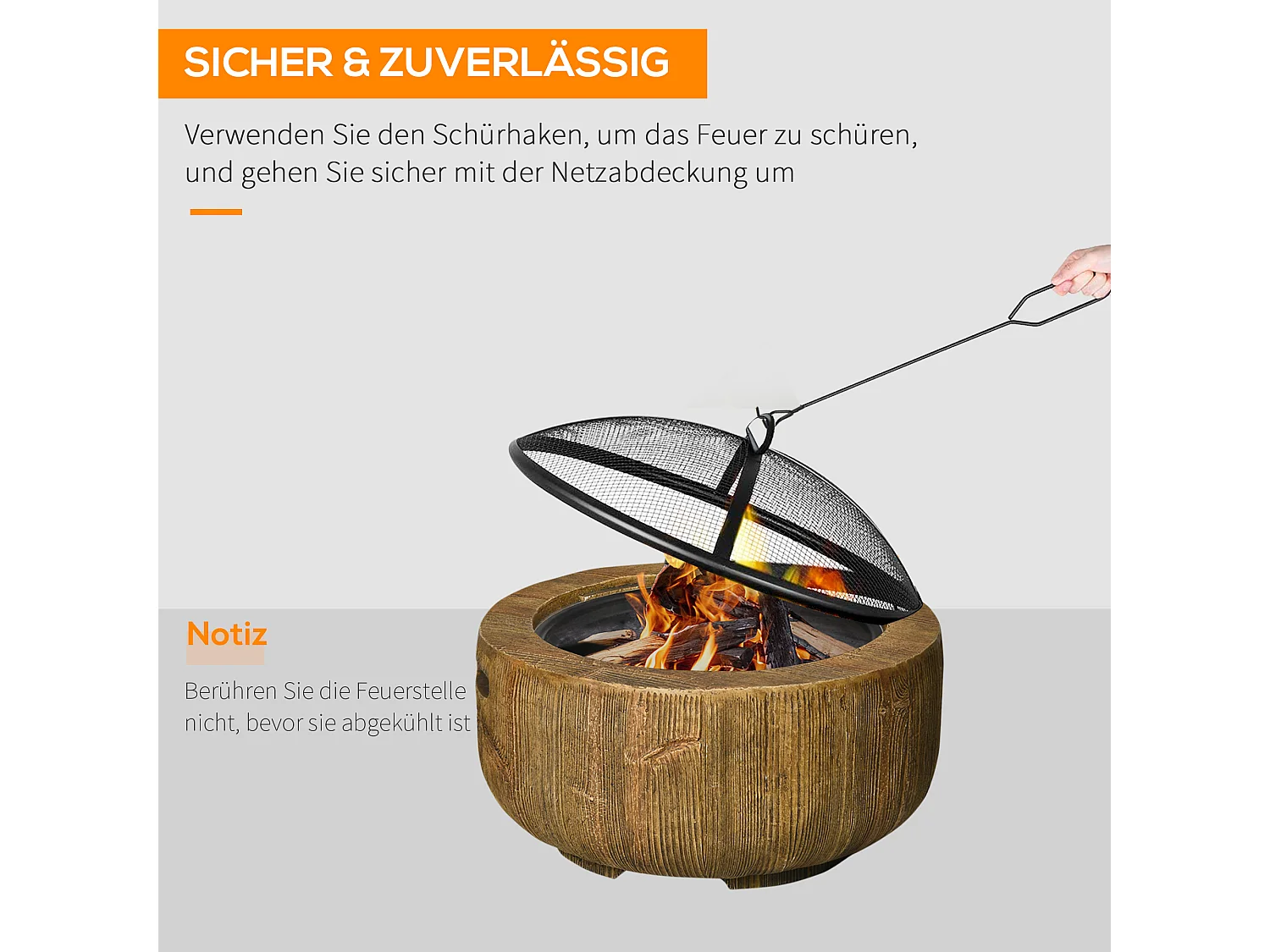 Braciere in metallo a forma di tronco d'albero, con coperchio e gancio, per giardino e terrazza, marrone (61,5x61,5x39 cm)