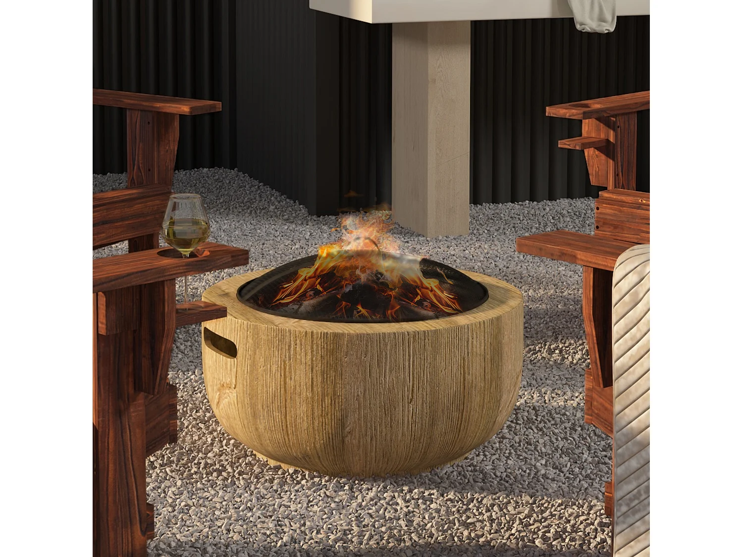 Braciere in metallo a forma di tronco d'albero, con coperchio e gancio, per giardino e terrazza, marrone (61,5x61,5x39 cm)