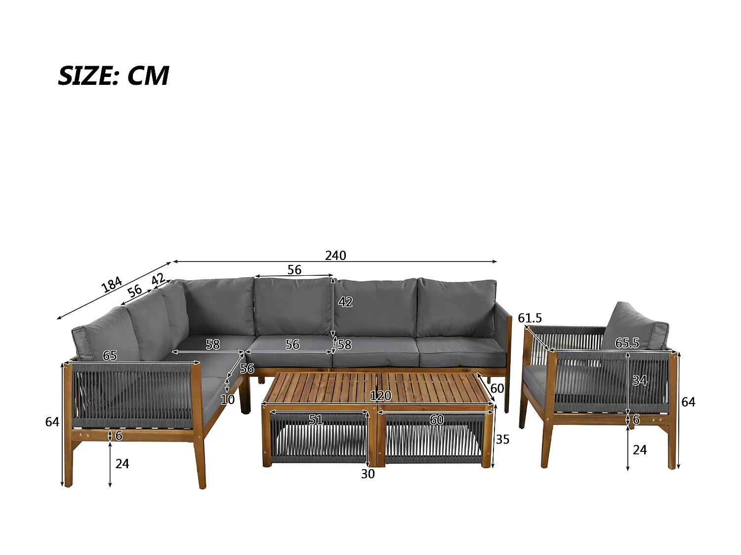 Tuinmeubelset, tuinloungeset voor 7-8 personen, frame van acaciahout, afneembare stoffen hoes, naturel & grijs (lengte: 200x100x75 cm)