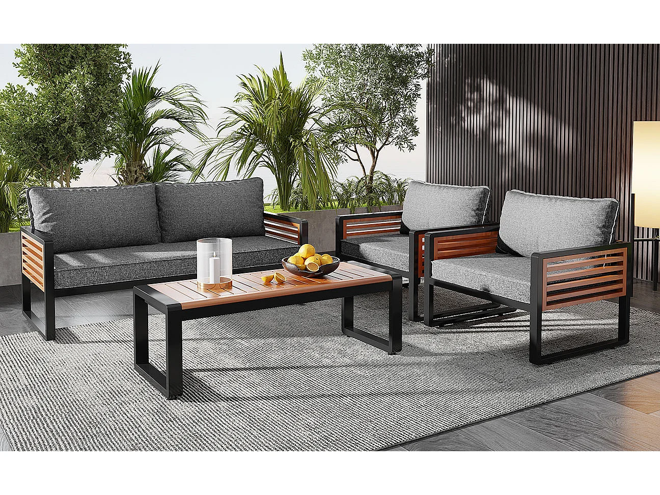 Ensemble de salon de jardin, 4 pièces, canapé L en corde verte avec cadre en fer, table en bois d’acacia, coussins d’assise et de dossier amovibles