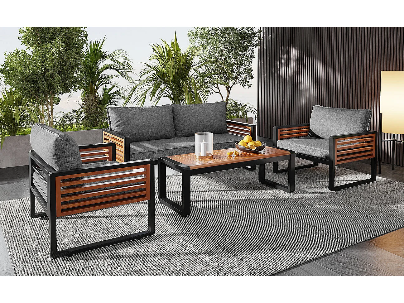 Ensemble de salon de jardin, 4 pièces, canapé L en corde verte avec cadre en fer, table en bois d’acacia, coussins d’assise et de dossier amovibles