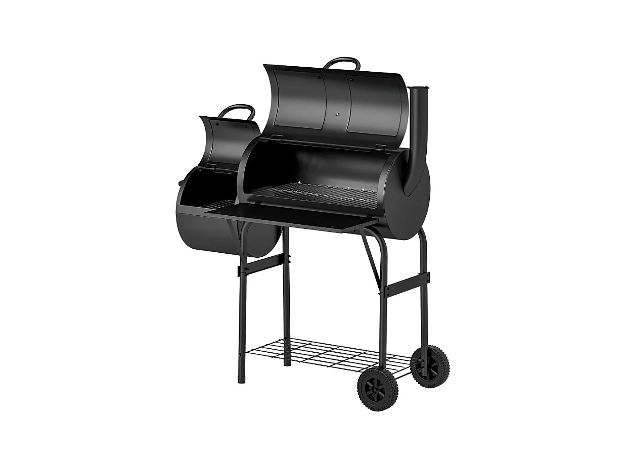 Barbecue charbon avec fumeur, acier, 109x60x120 cm, avec couvercle, thermomètre, roues et ventilations
