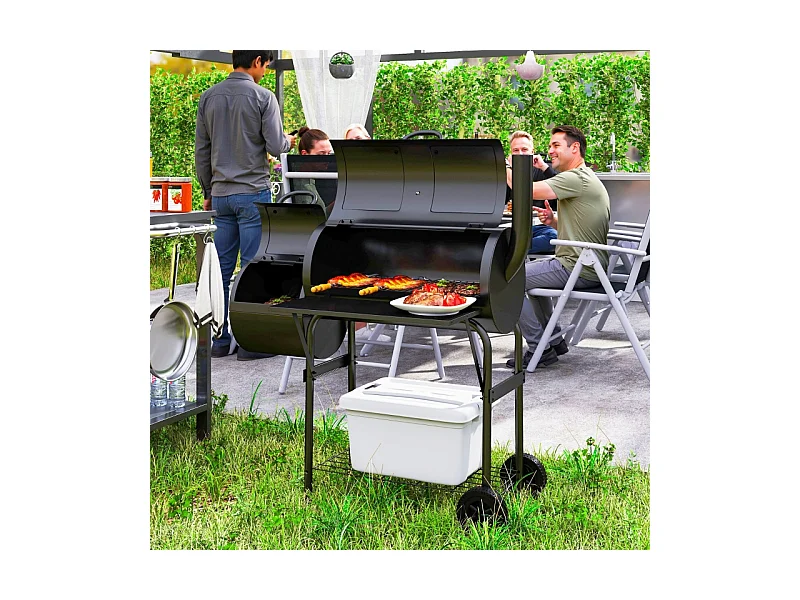 Barbecue charbon avec fumeur, acier, 109x60x120 cm, avec couvercle, thermomètre, roues et ventilations