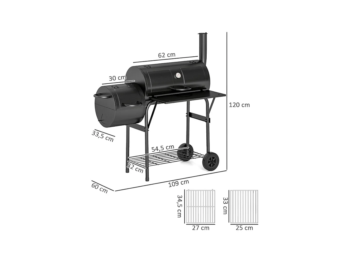 Barbecue charbon avec fumeur, acier, 109x60x120 cm, avec couvercle, thermomètre, roues et ventilations