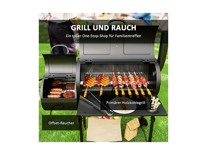 Barbecue charbon avec fumeur, acier, 109x60x120 cm, avec couvercle, thermomètre, roues et ventilations