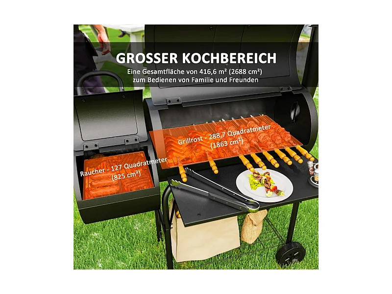 Barbecue charbon avec fumeur, acier, 109x60x120 cm, avec couvercle, thermomètre, roues et ventilations
