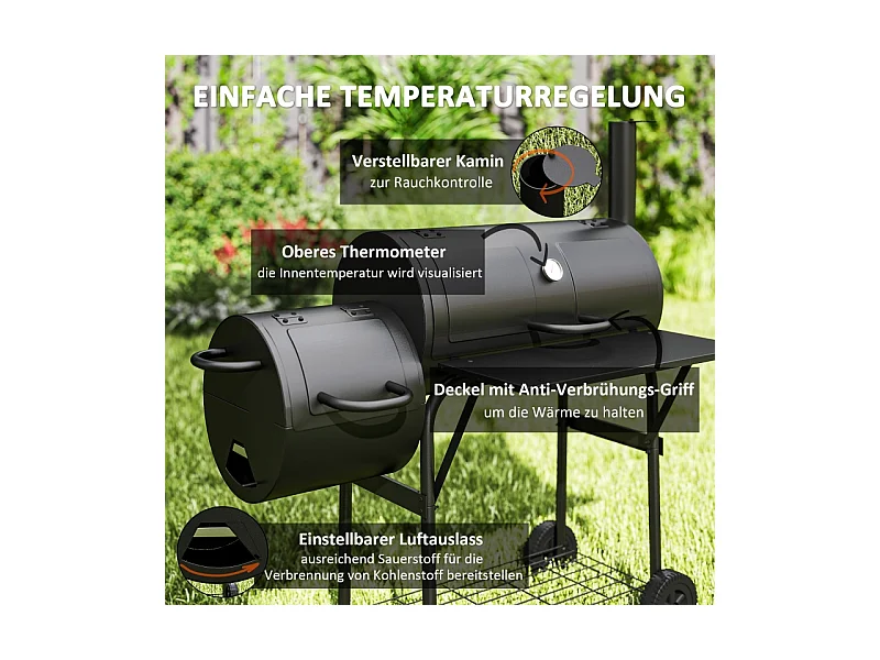 Barbecue charbon avec fumeur, acier, 109x60x120 cm, avec couvercle, thermomètre, roues et ventilations