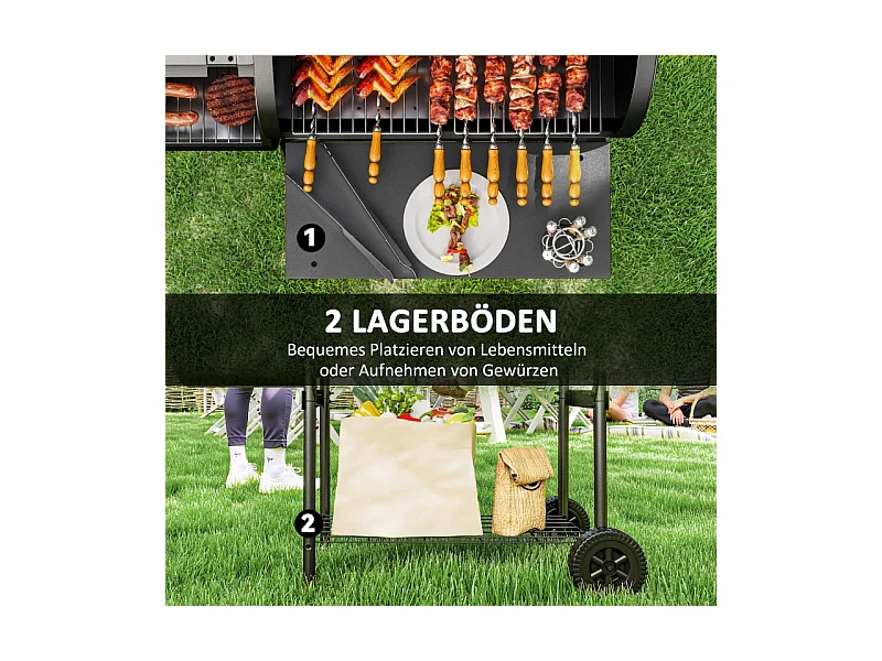 Barbecue charbon avec fumeur, acier, 109x60x120 cm, avec couvercle, thermomètre, roues et ventilations