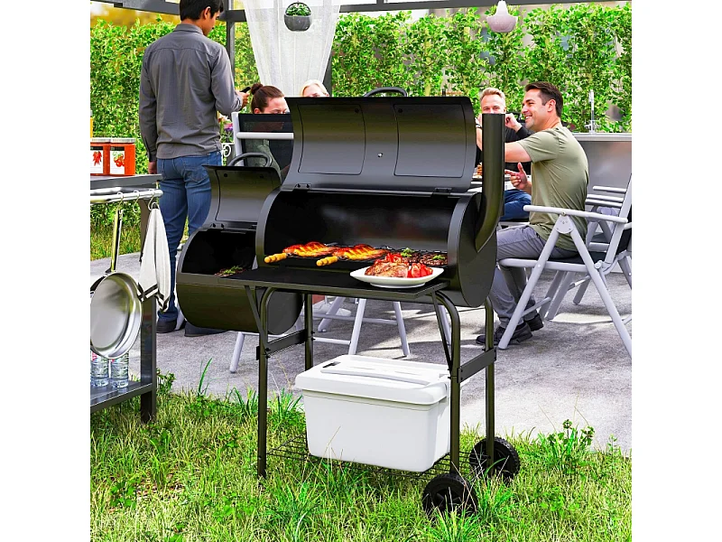Barbecue a carbonella con affumicatore, in acciaio, 109x60x120 cm, con coperchio, termometro, ruote e ventilazione