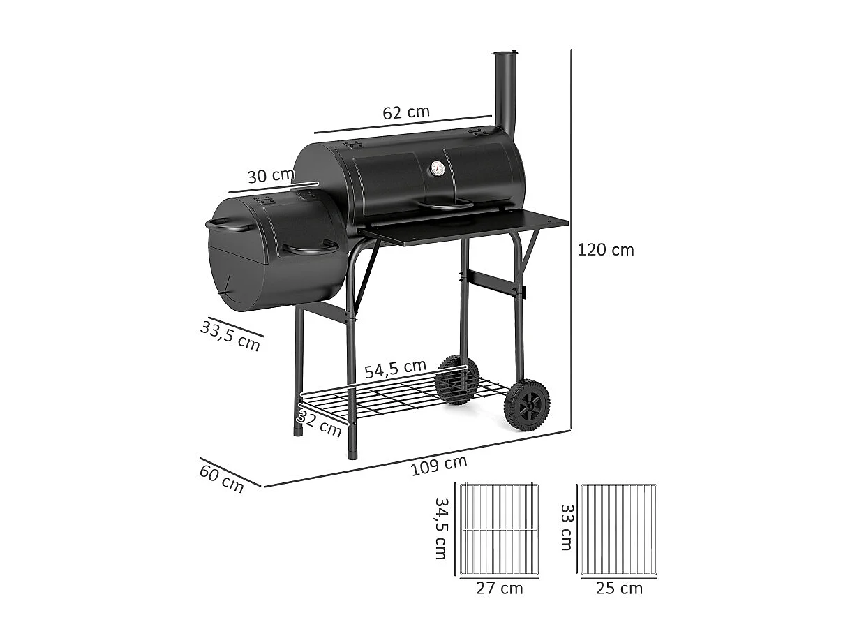 Barbecue a carbonella con affumicatore, in acciaio, 109x60x120 cm, con coperchio, termometro, ruote e ventilazione