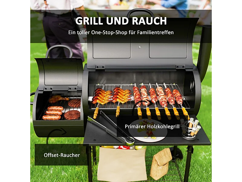 Barbecue a carbonella con affumicatore, in acciaio, 109x60x120 cm, con coperchio, termometro, ruote e ventilazione