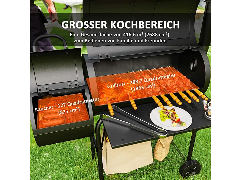 Barbecue a carbonella con affumicatore, in acciaio, 109x60x120 cm, con coperchio, termometro, ruote e ventilazione