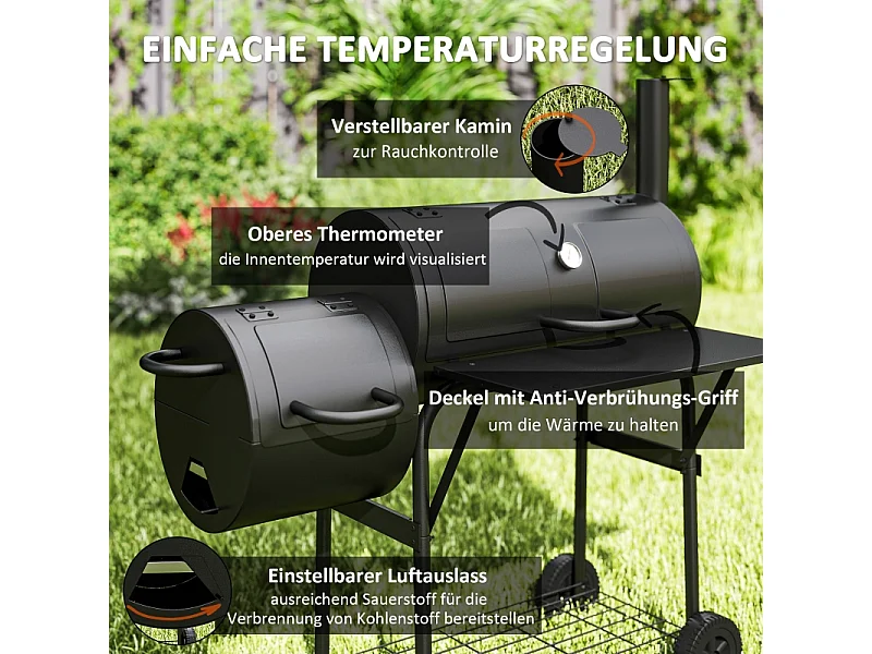 Barbecue a carbonella con affumicatore, in acciaio, 109x60x120 cm, con coperchio, termometro, ruote e ventilazione