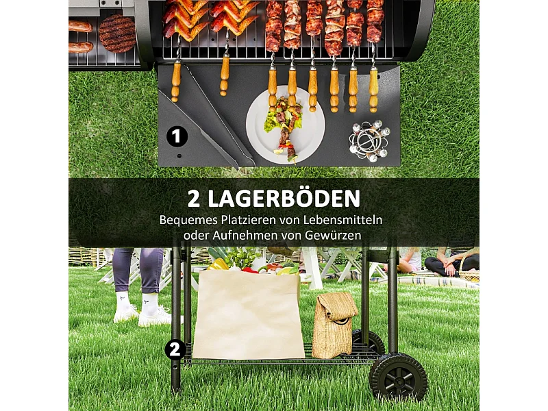 Barbecue a carbonella con affumicatore, in acciaio, 109x60x120 cm, con coperchio, termometro, ruote e ventilazione