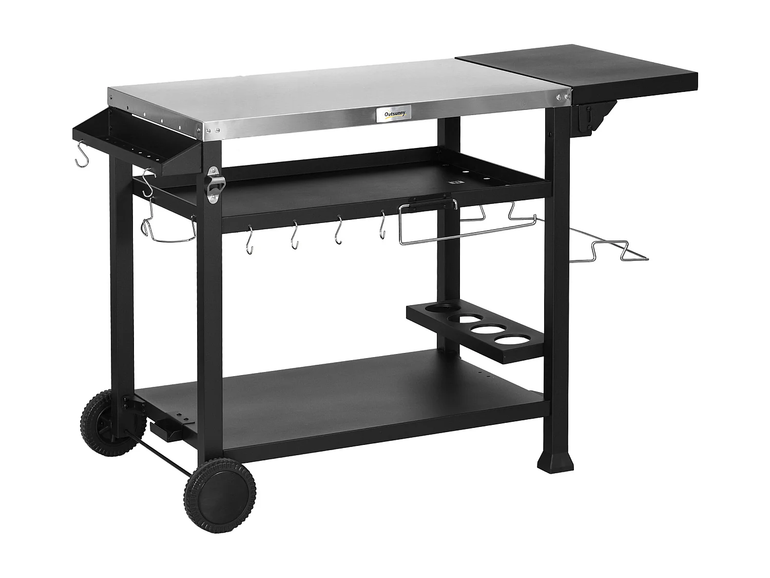 Chariot de grillade avec plan de travail, étagères et support pour vin, acier inoxydable, noir (125x68x84 cm)