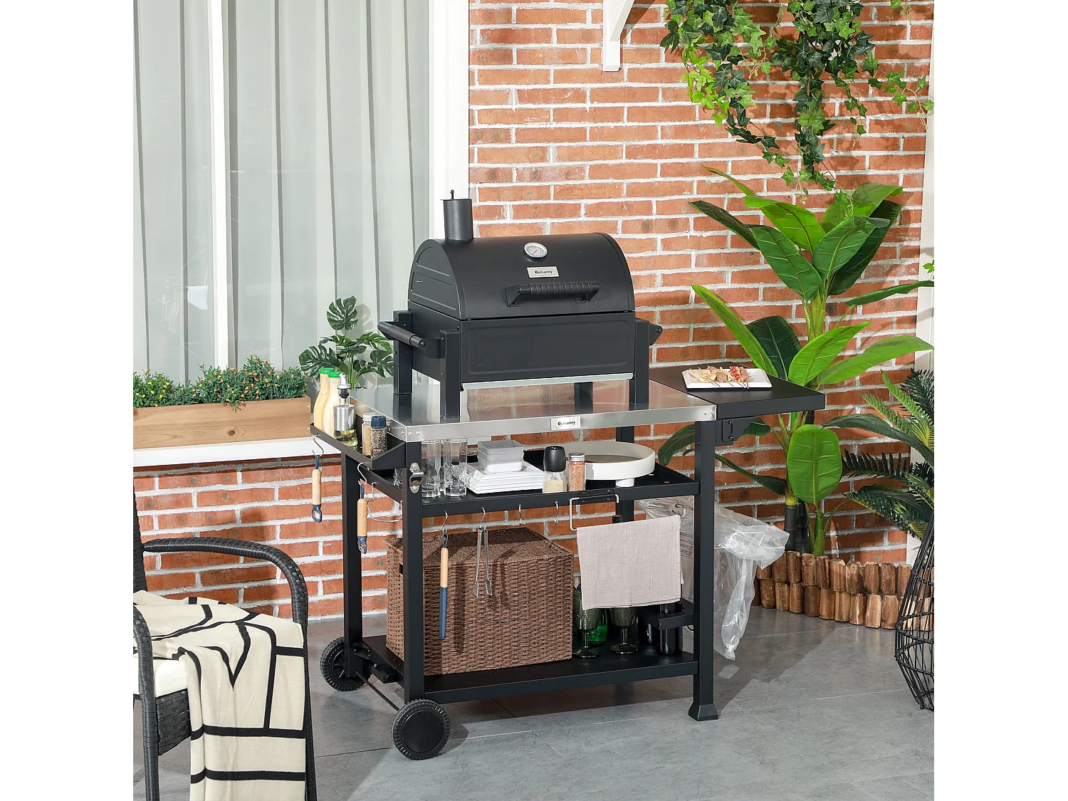 Chariot de grillade avec plan de travail, étagères et support pour vin, acier inoxydable, noir (125x68x84 cm)