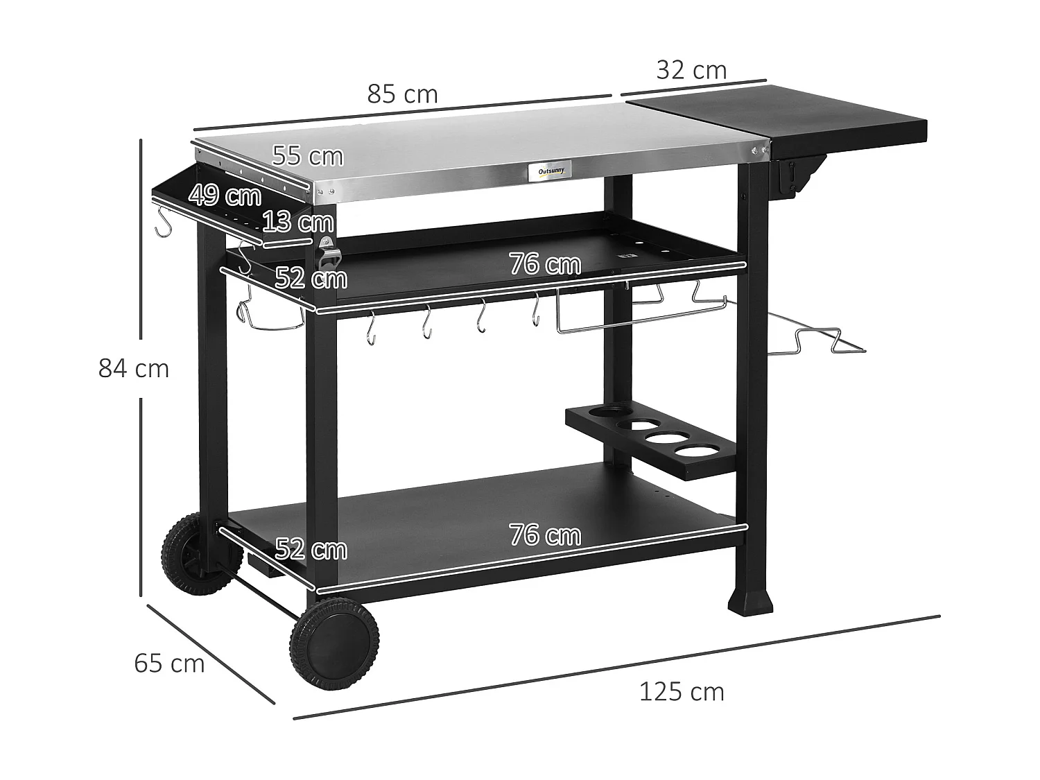 Chariot de grillade avec plan de travail, étagères et support pour vin, acier inoxydable, noir (125x68x84 cm)