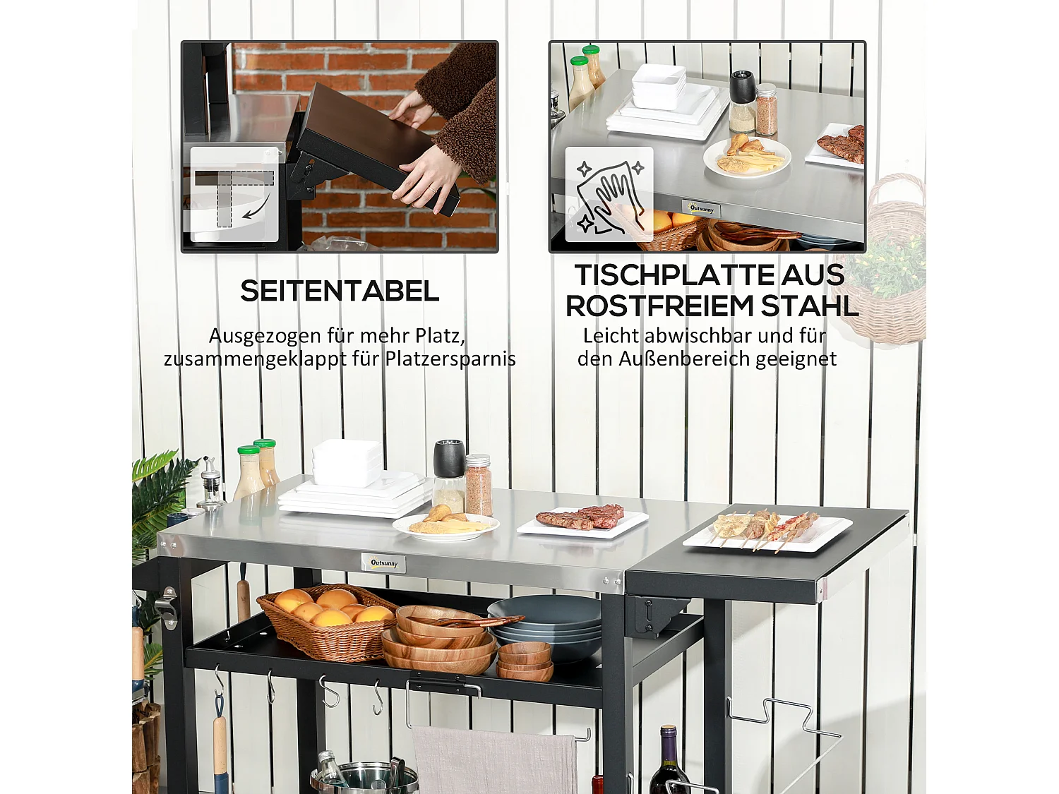 Chariot de grillade avec plan de travail, étagères et support pour vin, acier inoxydable, noir (125x68x84 cm)