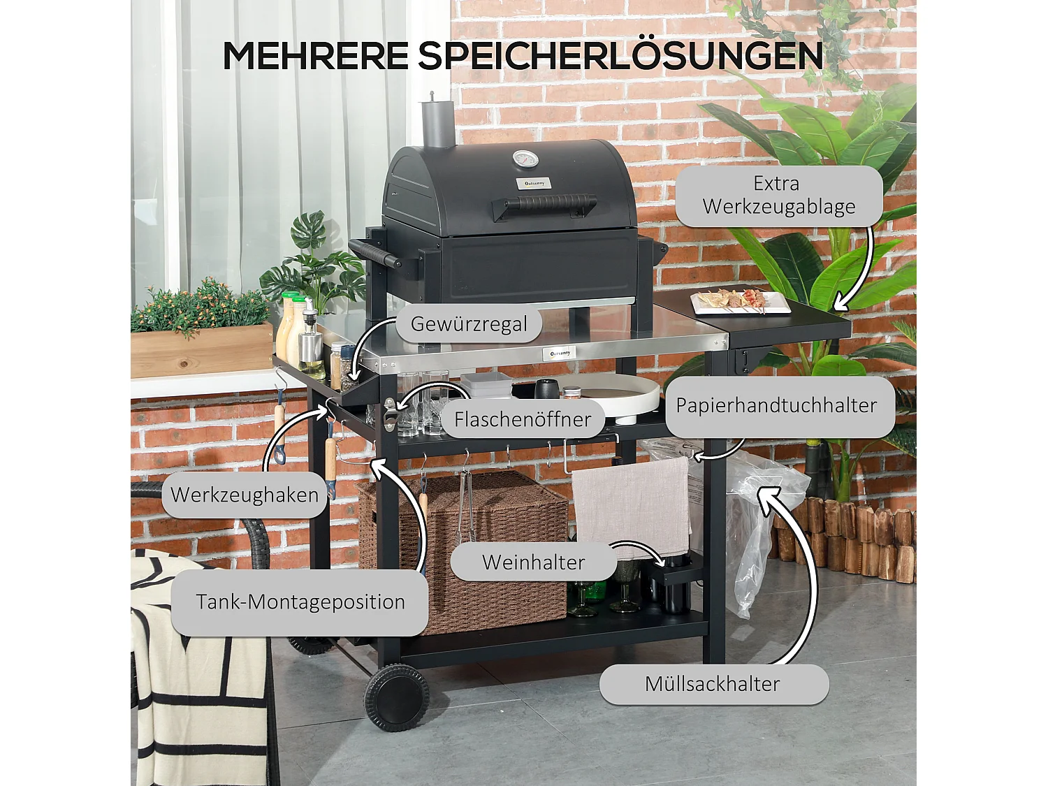 Chariot de grillade avec plan de travail, étagères et support pour vin, acier inoxydable, noir (125x68x84 cm)