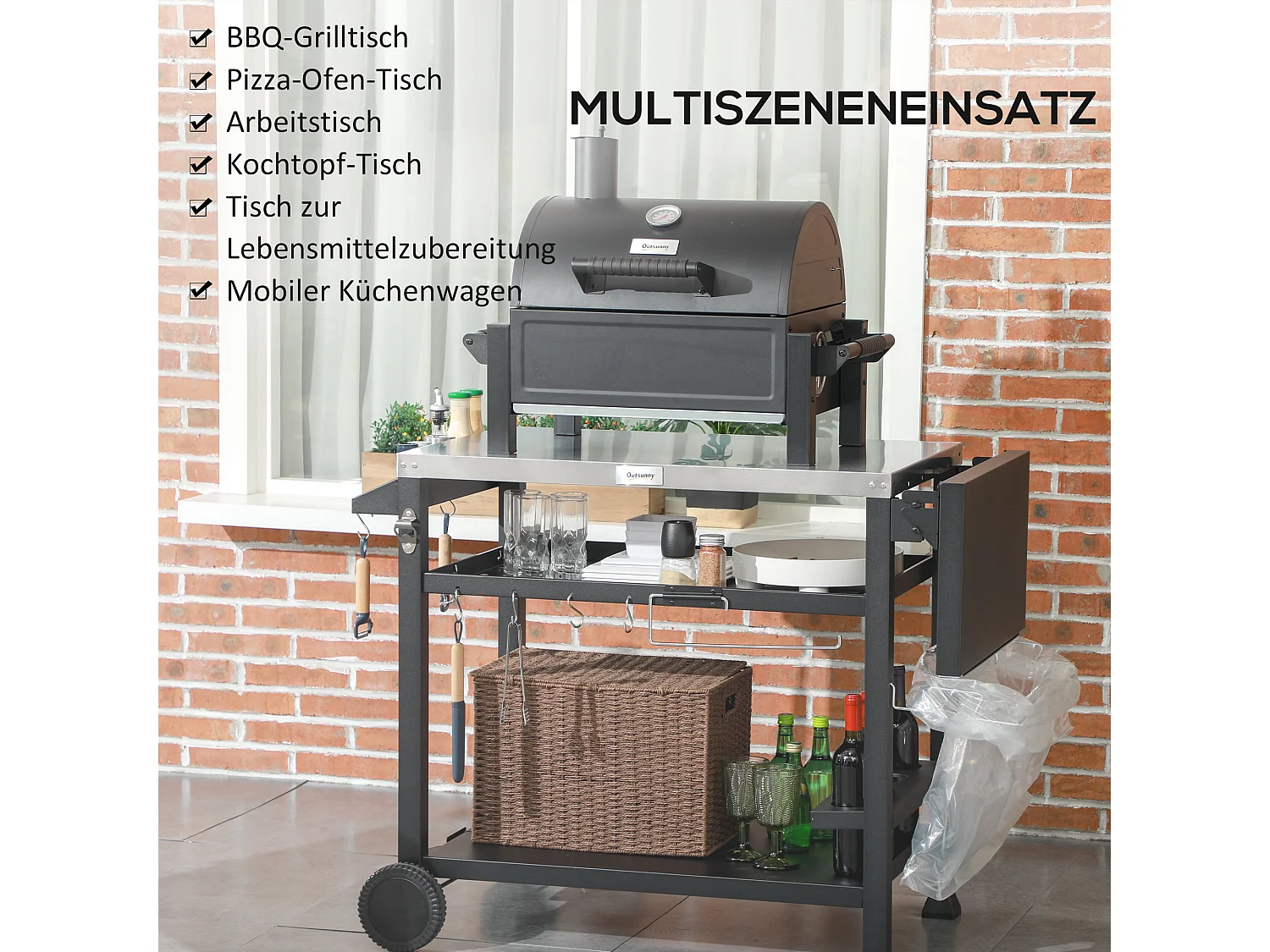 Chariot de grillade avec plan de travail, étagères et support pour vin, acier inoxydable, noir (125x68x84 cm)