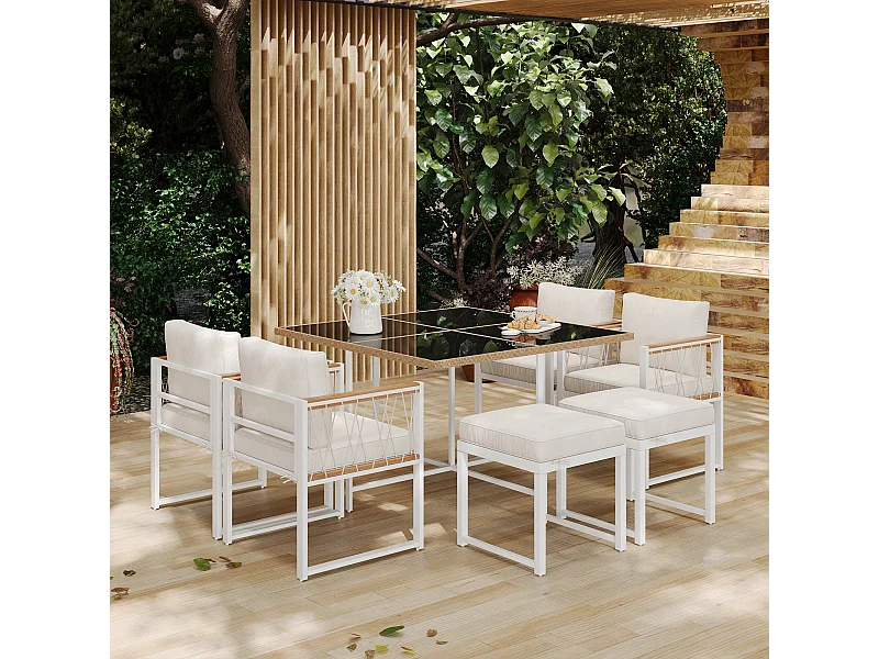 7-delige tuinset, gehard glazen tafel met PE-rotan omhulsel, acaciahout, zwart & hout (118x118x74 cm)