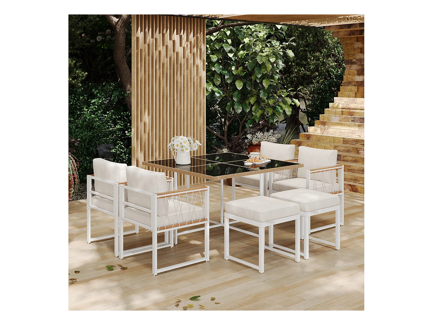 Ensemble de salle à manger extérieur 7 pièces, table en verre trempé avec enroulement en PE-Rattan, bois d’acacia, noir et bois (118x118x74 cm)