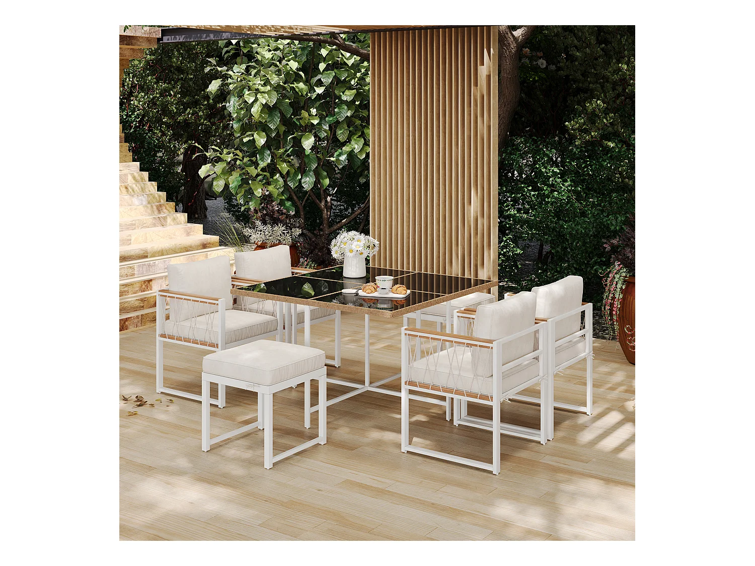 Ensemble de salle à manger extérieur 7 pièces, table en verre trempé avec enroulement en PE-Rattan, bois d’acacia, noir et bois (118x118x74 cm)