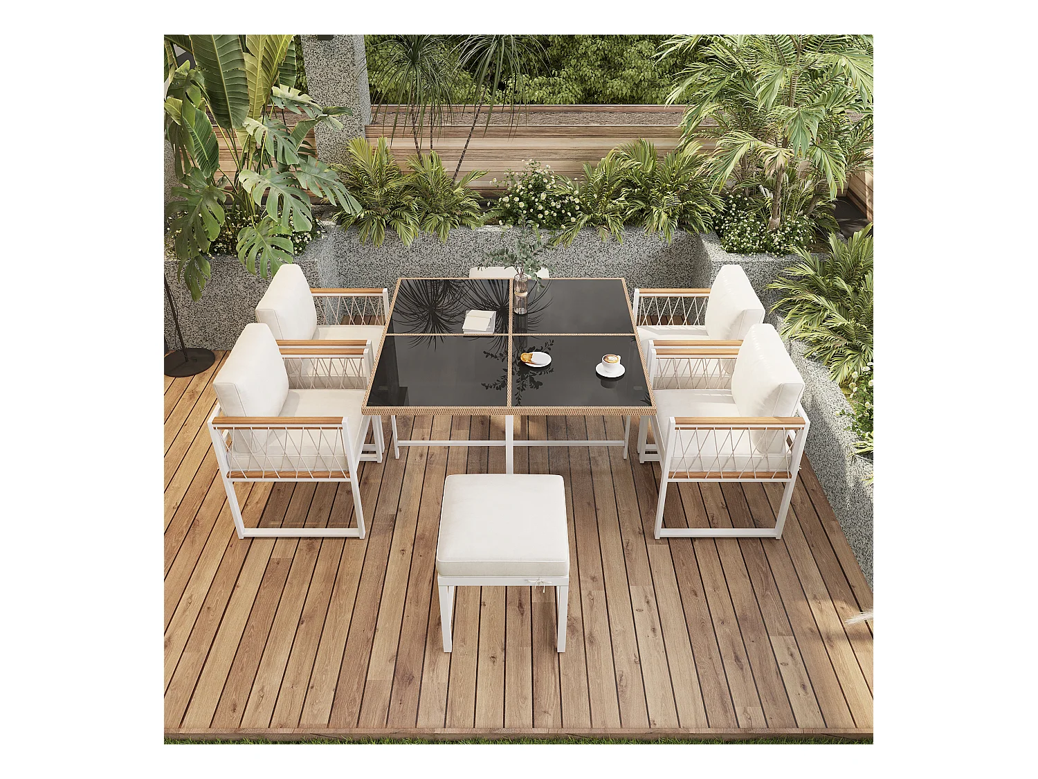 Ensemble de salle à manger extérieur 7 pièces, table en verre trempé avec enroulement en PE-Rattan, bois d’acacia, noir et bois (118x118x74 cm)