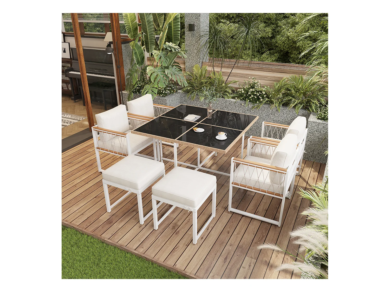 Ensemble de salle à manger extérieur 7 pièces, table en verre trempé avec enroulement en PE-Rattan, bois d’acacia, noir et bois (118x118x74 cm)