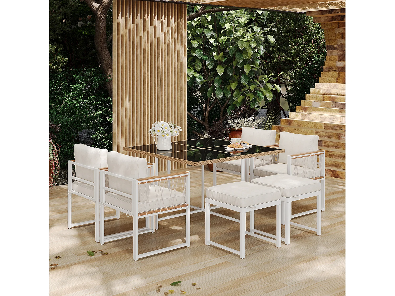 Ensemble de salle à manger extérieur 7 pièces, table en verre trempé avec enroulement en PE-Rattan, bois d’acacia, noir et bois (118x118x74 cm)