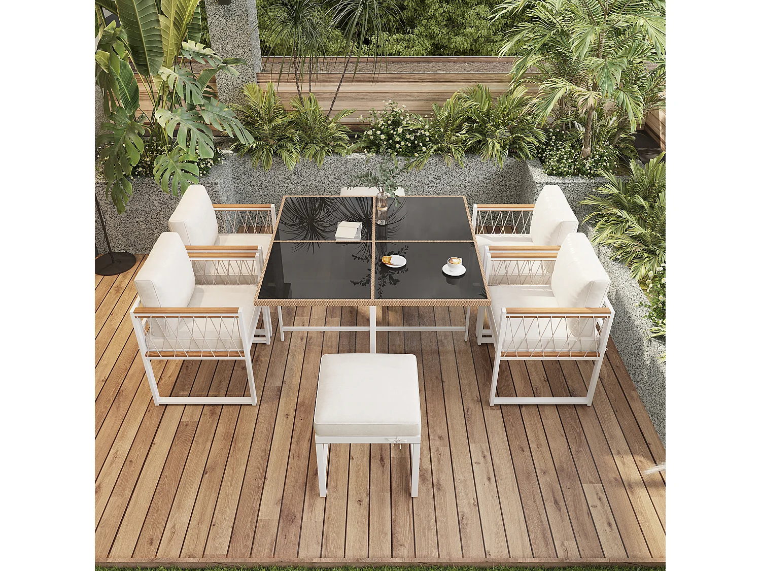 Ensemble de salle à manger extérieur 7 pièces, table en verre trempé avec enroulement en PE-Rattan, bois d’acacia, noir et bois (118x118x74 cm)