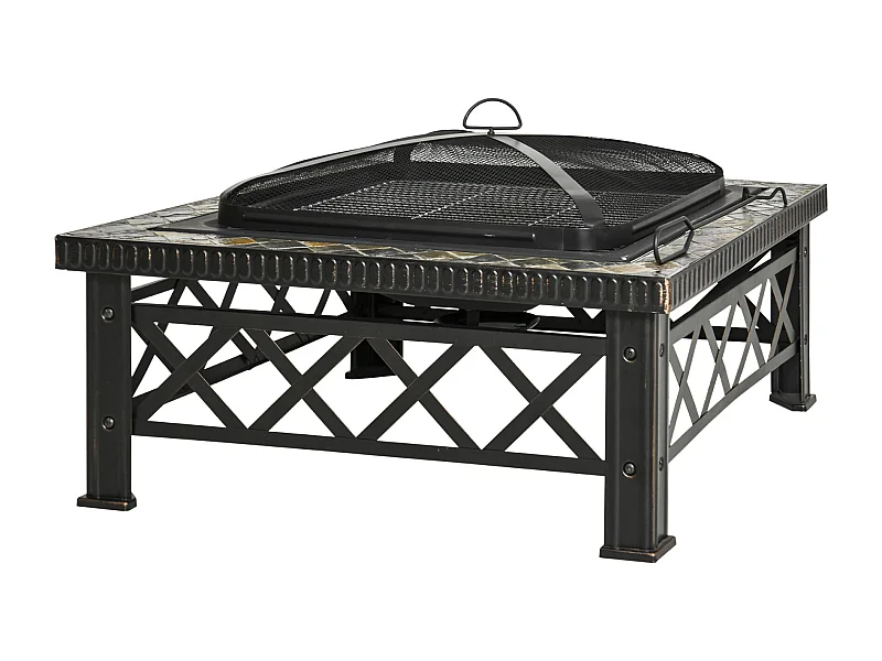 Brasero carré multifonction avec grill, pare-étincelles et seau à glace, acier noir (76x76x47cm)