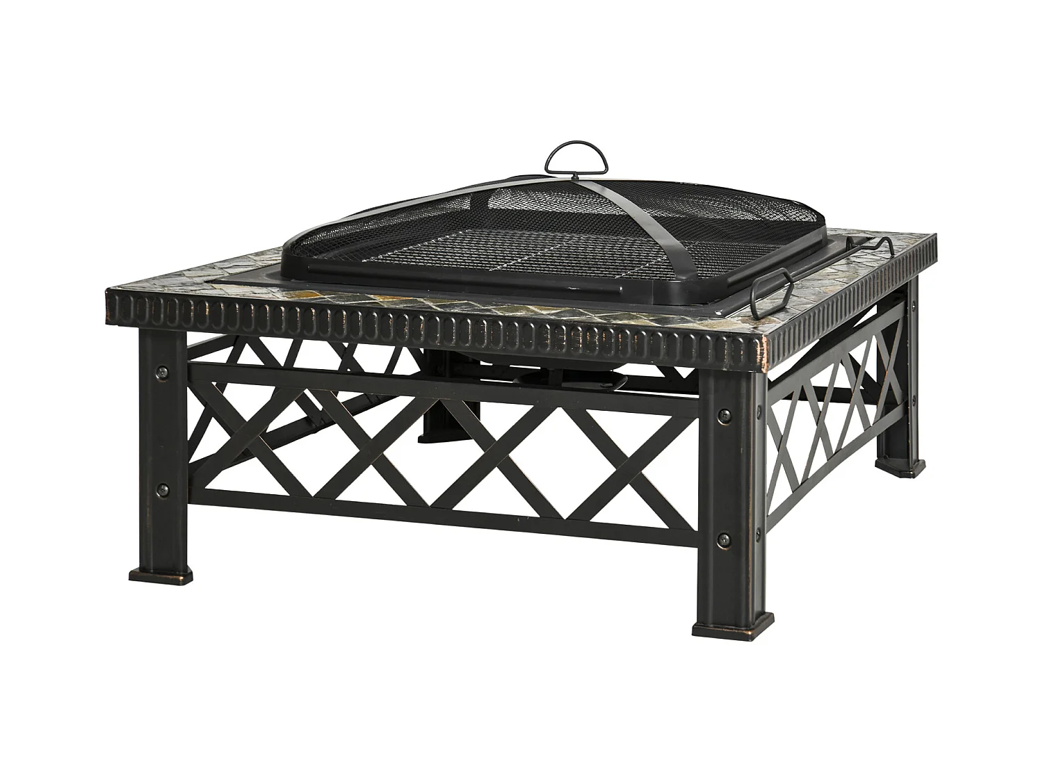 Brasero carré multifonction avec grill, pare-étincelles et seau à glace, acier noir (76x76x47cm)