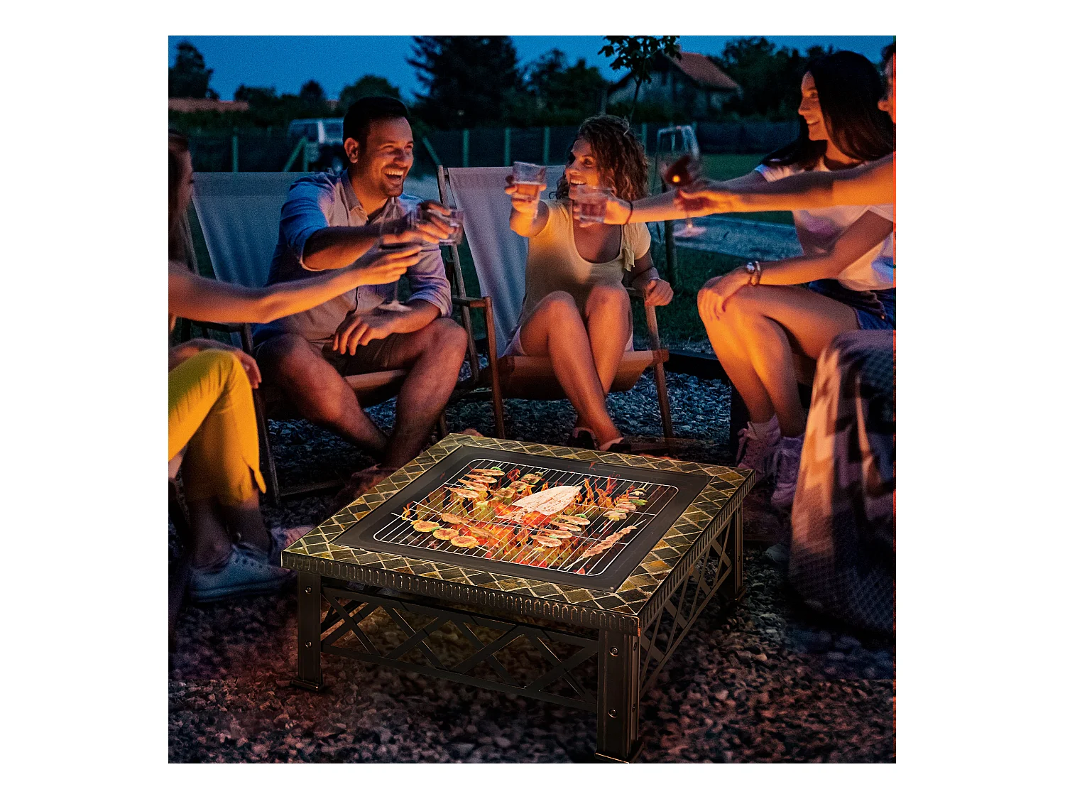 Brasero carré multifonction avec grill, pare-étincelles et seau à glace, acier noir (76x76x47cm)