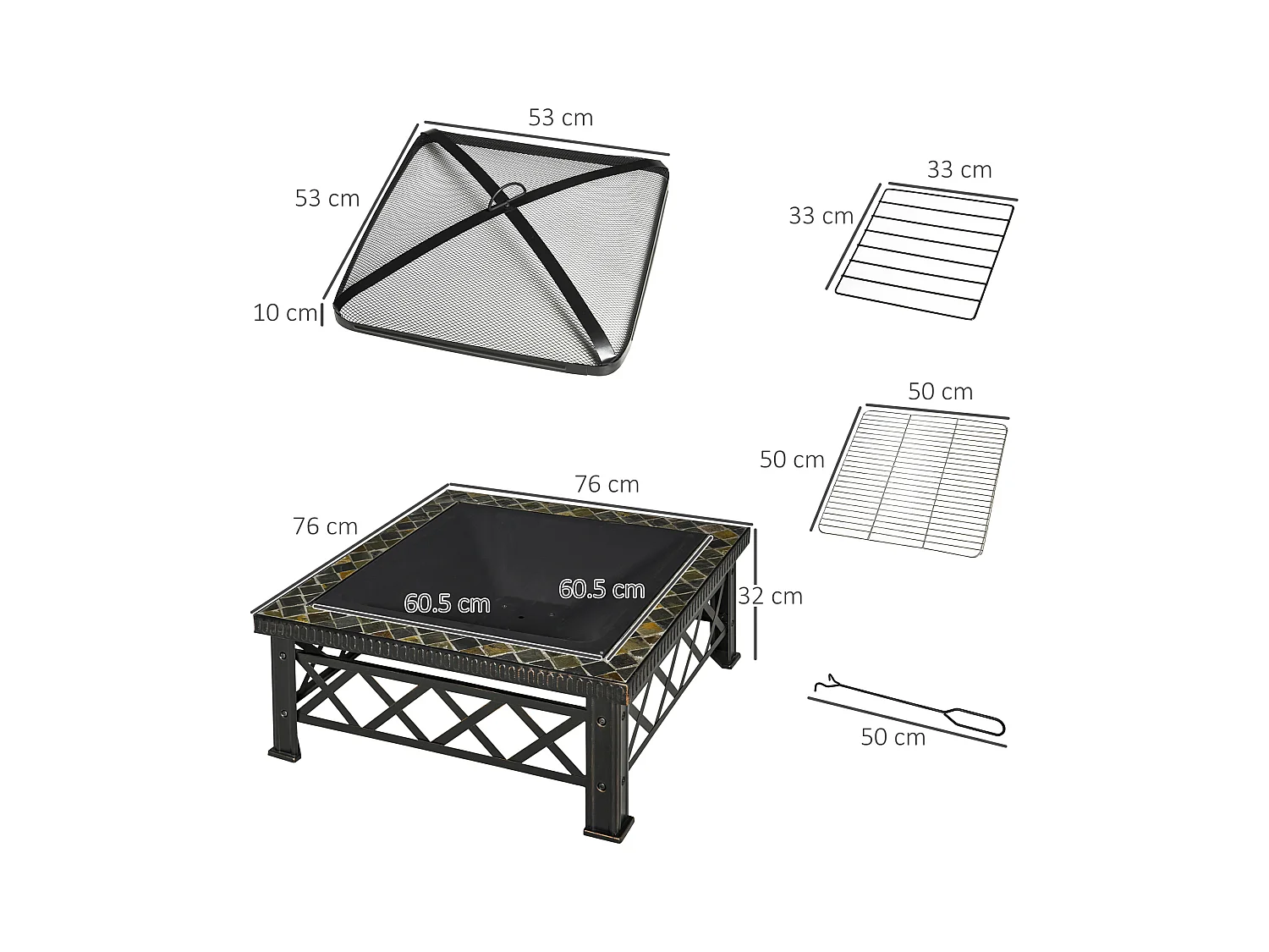 Brasero carré multifonction avec grill, pare-étincelles et seau à glace, acier noir (76x76x47cm)