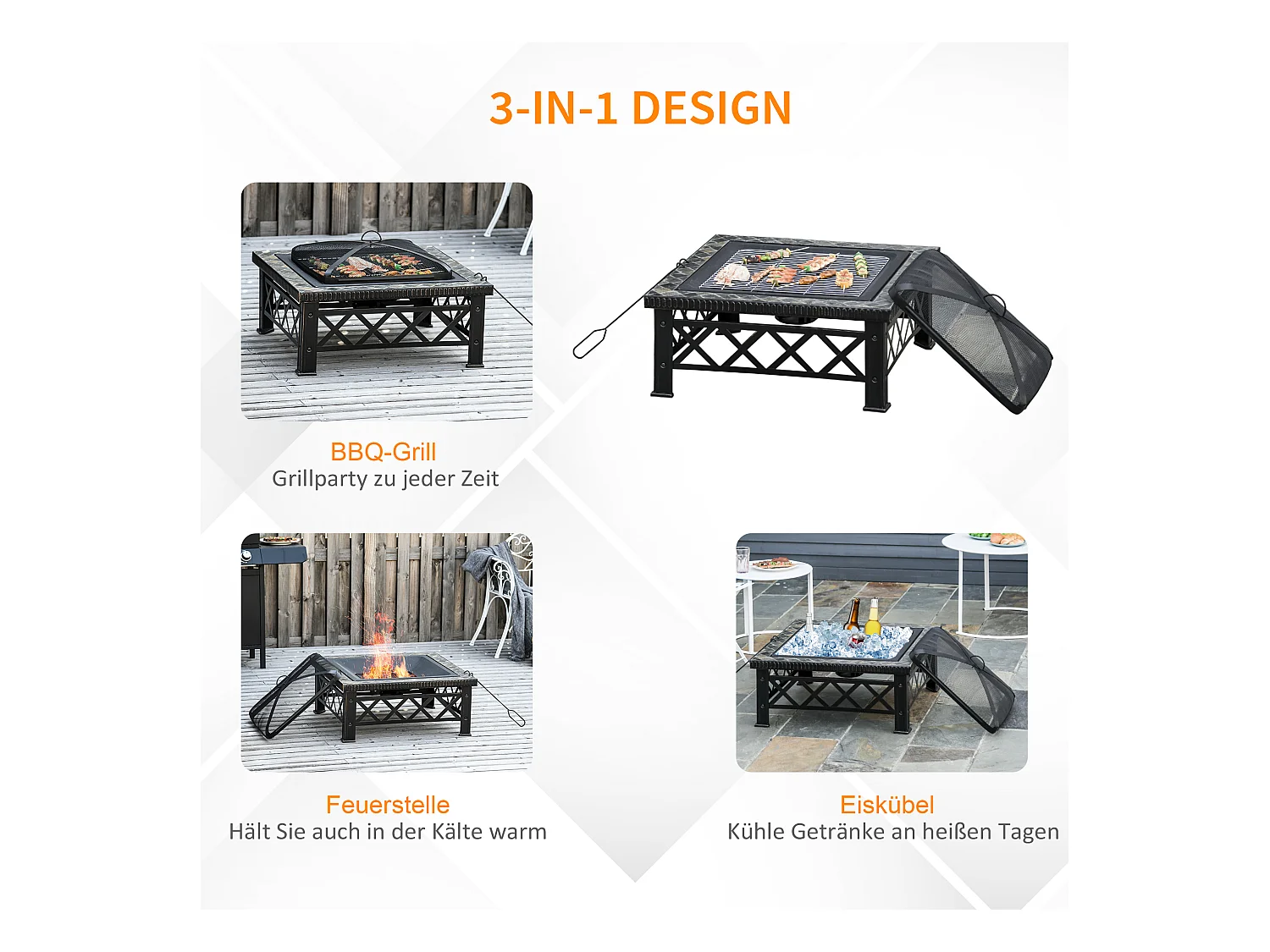 Brasero carré multifonction avec grill, pare-étincelles et seau à glace, acier noir (76x76x47cm)